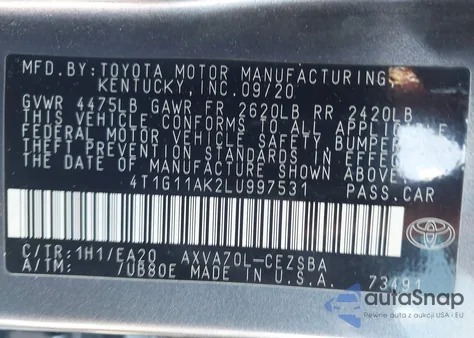 2020 Toyota Camry Se из США, поврежденный, VIN 4T1G11AK2LU997531